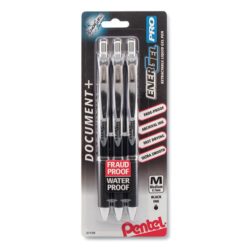 Energel Pro Retractable Gel Pen, Medium 0.7mm, Black Ink-barrel, 3-pack