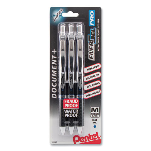 Energel Pro Retractable Gel Pen, Medium 0.7mm, Blue Ink, Black Barrel, 3-pack