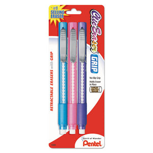 Clic Eraser Grip Eraser, White Polyvinyl Chloride Eraser, Randomly Assorted Barrel Colors, 3-pack