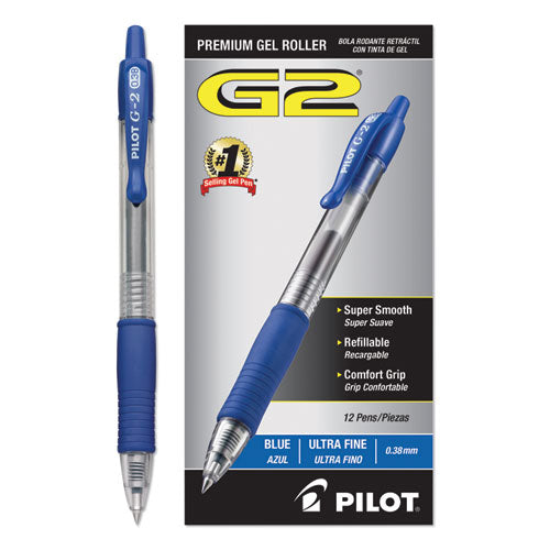 G2 Premium Retractable Gel Pen, 0.38 Mm, Blue Ink, Clear-blue Barrel, Dozen
