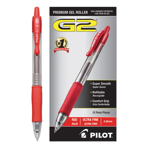 G2 Premium Retractable Gel Pen, Ultra-fine 0.38 Mm, Red Ink, Clear-red Barrel