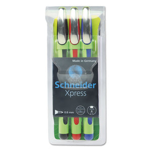 Schneider Xpress Fineliner Stick Pen, 0.8mm, Assorted Ink, Green Barrel, 3-pack