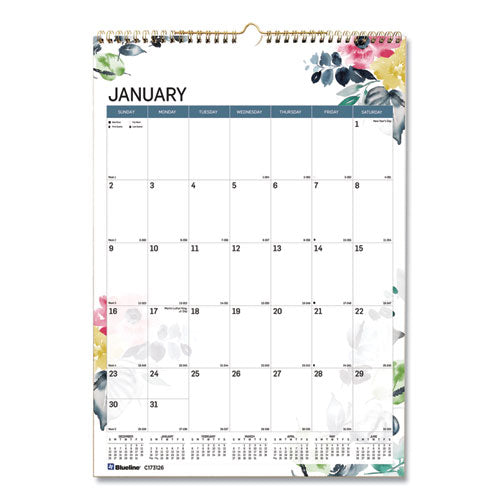 12-month Colorful Wall Calendar, Watercolor Floral Artwork, 12 X 17, White-multicolor Sheets, 12-month (jan To Dec): 2022