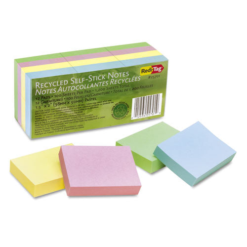 100% Recycled Notes, 1 1-2 X 2, Four Pastel Colors, 12 100-sheet Pads-pack