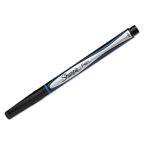 Water-resistant Ink Stick Plastic Point Pen, 0.88 Mm, Blue Ink, Black-gray-blue Barrel, Dozen