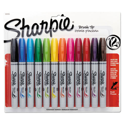 Brush Tip Permanent Marker, Medium, Assorted Colors, 12-set