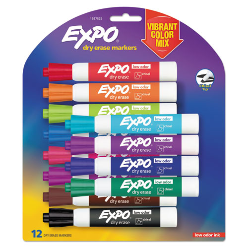Low Odor Dry Erase Vibrant Color Markers, Broad Chisel Tip, Assorted Colors, 12-set