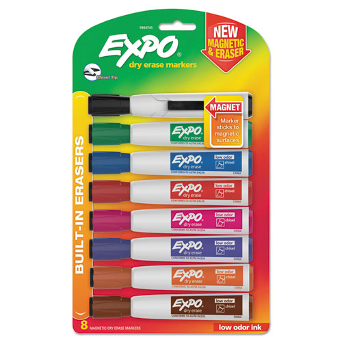 Magnetic Dry Erase Marker, Broad Chisel Tip, Assorted Colors, 8-pack
