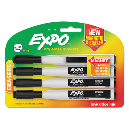 Magnetic Dry Erase Marker, Fine Bullet Tip, Black, 4-pack