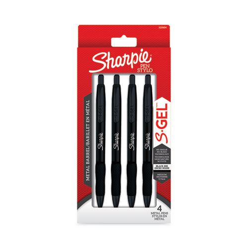 S-gel Premium Metal Barrel Gel Pen, Retractable, Medium 0.7 Mm, Black Ink, Black Barrel, 4-pack