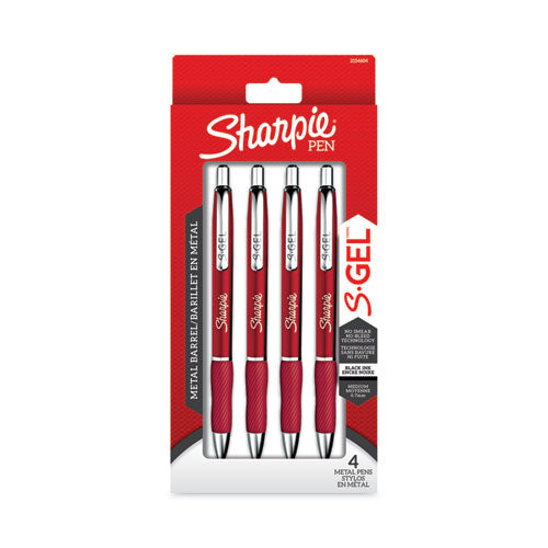 S-gel Premium Metal Barrel Gel Pen, Retractable, Medium 0.7 Mm, Black Ink, Red Barrel, 4-pack