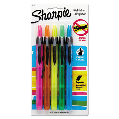 Retractable Highlighters, Chisel Tip, Assorted Colors, 5-set