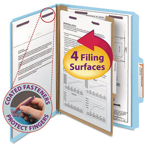 Four-section Pressboard Top Tab Classification Folders With Safeshield Fasteners, 1 Divider, Letter Size, Blue, 10-box