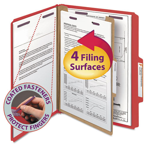 Four-section Pressboard Top Tab Classification Folders With Safeshield Fasteners, 1 Divider, Letter Size, Bright Red, 10-box