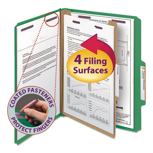 Four-section Pressboard Top Tab Classification Folders With Safeshield Fasteners, 1 Divider, Letter Size, Green, 10-box