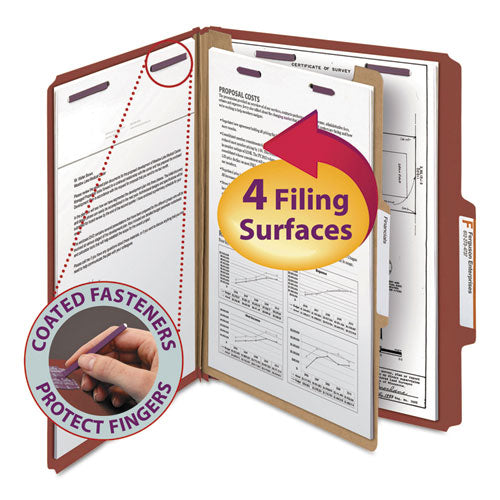 Pressboard Classification Folders With Safeshield Coated Fasteners, 2-5 Cut, 1 Divider, Letter Size, Red, 10-box