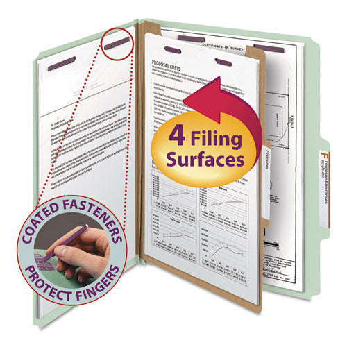 Pressboard Classification Folders With Safeshield Coated Fasteners, 2-5 Cut, 1 Divider, Letter Size, Gray-green, 10-box