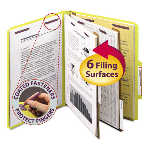 Six-section Pressboard Top Tab Classification Folders With Safeshield Fasteners, 2 Dividers, Letter Size, Yellow, 10-box