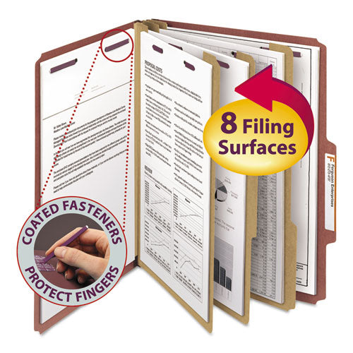Pressboard Classification Folders With Safeshield Coated Fasteners, 2-5 Cut, 3 Dividers, Letter Size, Red, 10-box