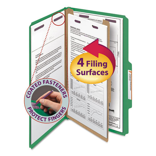Four-section Pressboard Top Tab Classification Folders With Safeshield Fasteners, 1 Divider, Legal Size, Green, 10-box