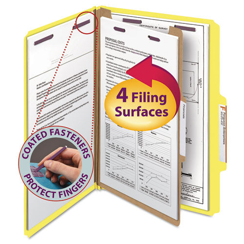 Four-section Pressboard Top Tab Classification Folders With Safeshield Fasteners, 1 Divider, Legal Size, Yellow, 10-box