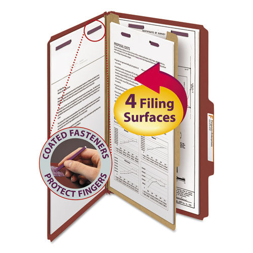 Pressboard Classification Folders With Safeshield Coated Fasteners, 2-5 Cut, 1 Divider, Legal Size, Red, 10-box