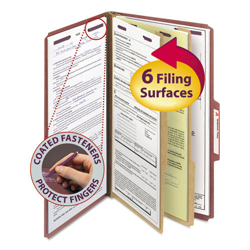 Pressboard Classification Folders With Safeshield Coated Fasteners, 2-5 Cut, 2 Dividers, Legal Size, Red, 10-box
