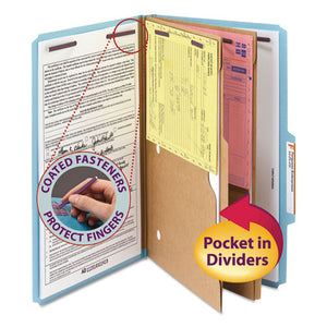 6-section Pressboard Top Tab Pocket-style Classification Folders With Safeshield Fasteners, 2 Dividers, Legal, Blue, 10-bx