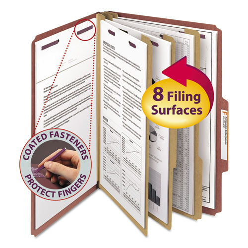 Pressboard Classification Folders With Safeshield Coated Fasteners, 2-5 Cut, 3 Dividers, Legal Size, Red, 10-box