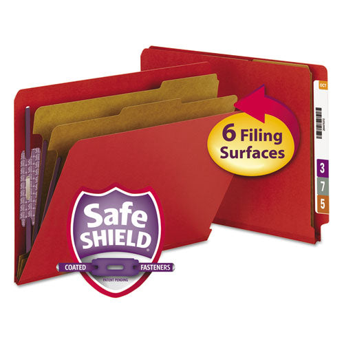 End Tab Pressboard Classification Folders With Safeshield Fasteners, 2 Dividers, Letter Size, Bright Red, 10-box