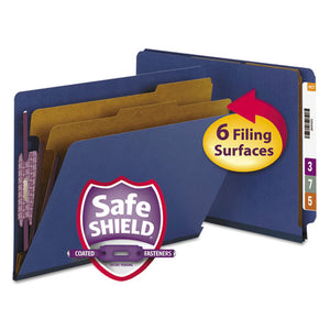 End Tab Pressboard Classification Folders With Safeshield Fasteners, 2 Dividers, Letter Size, Dark Blue, 10-box