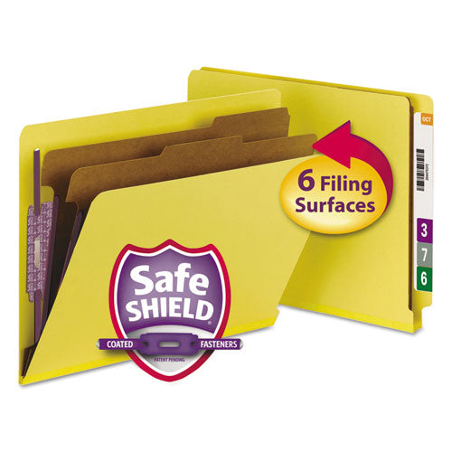 End Tab Colored Pressboard Classification Folders With Safeshield Coated Fasteners, 2 Dividers, Letter Size, Yellow, 10-box