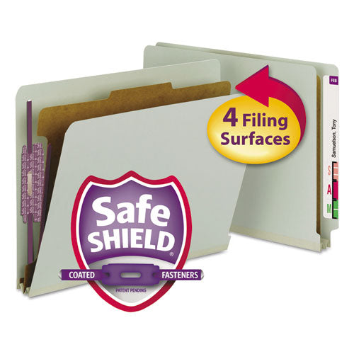 End Tab Pressboard Classification Folders With Safeshield Coated Fasteners, 1 Divider, Letter Size, Gray-green, 10-box