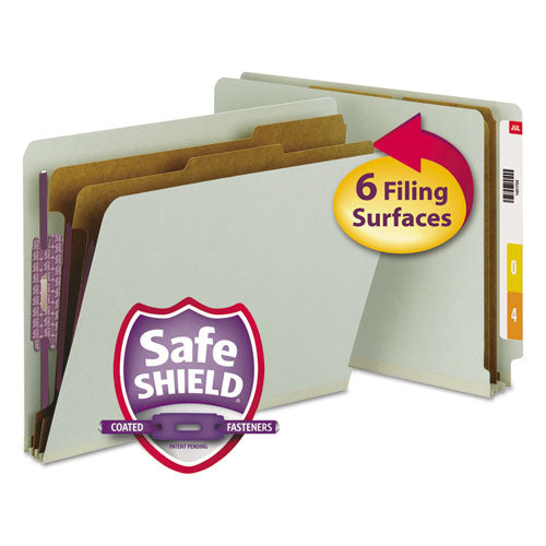 End Tab Pressboard Classification Folders With Safeshield Coated Fasteners, 2 Dividers, Letter Size, Gray-green, 10-box