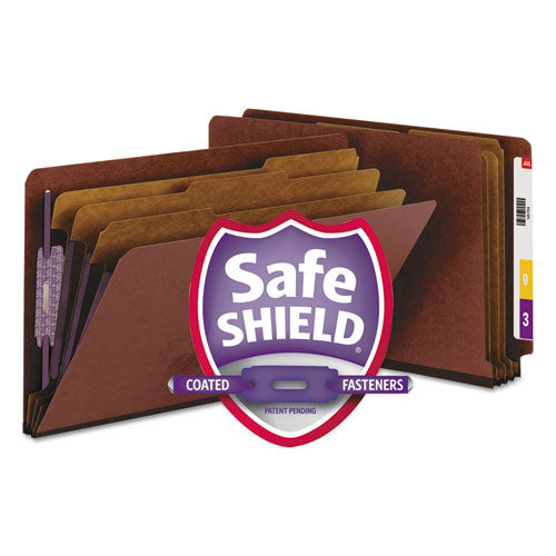 End Tab Pressboard Classification Folders With Safeshield Coated Fasteners, 3 Dividers, Legal Size, Red, 10-box