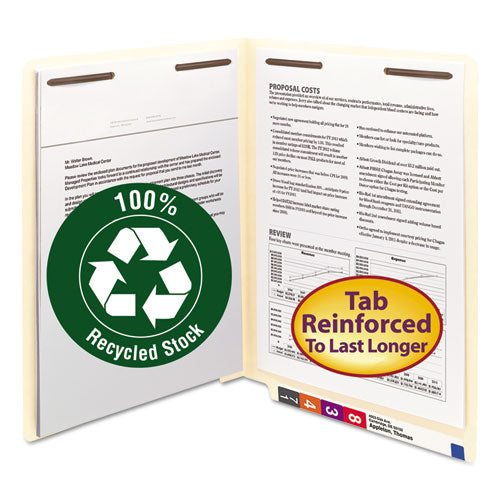 100% Recycled Manila End Tab Folders With Two Fasteners, Straight Tab, Letter Size, 50-box