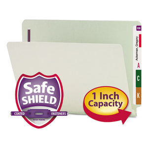End Tab 1" Expansion Pressboard File Folders W-two Safeshield Coated Fasteners, Straight Tab, Letter Size, Gray-green, 25-box