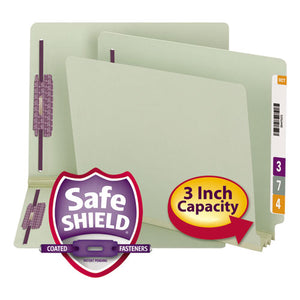 End Tab 3" Expansion Pressboard File Folders W-two Safeshield Coated Fasteners, Straight Tab, Letter Size, Gray-green, 25-box