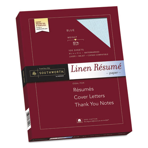100% Cotton Premium Weight Linen Resume Paper, 32 Lb, 8.5 X 11, Blue, 100-pack
