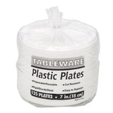 Plastic Dinnerware, Plates, 7" Dia, White, 125-pack