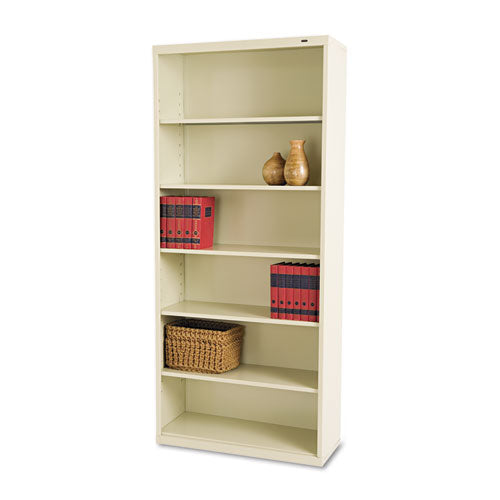 Metal Bookcase, Six-shelf, 34-1-2w X 13-1-2h X 78h, Putty