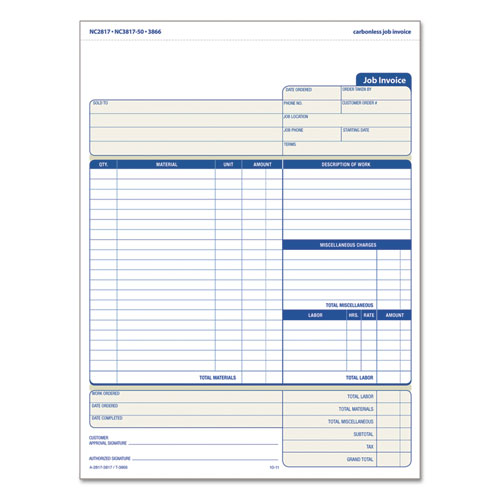 Snap-off Job Invoice Form, 8 1-2 X 11 5-8, Three-part Carbonless, 50 Forms