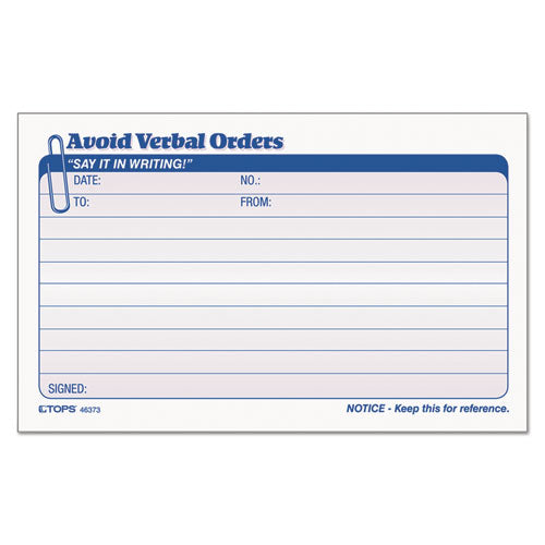 Avoid Verbal Orders Manifold Book, 6 1-4 X 4 1-4, 2-part Carbonless, 50 Sets-bk