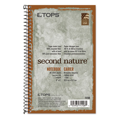 Second Nature Single Subject Wirebound Notebooks, 1 Subject, Narrow Rule, Green Cover, 8 X 5, 80 Sheets