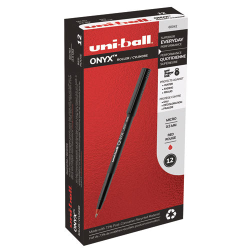 Onyx Stick Roller Ball Pen, Micro 0.5mm, Red Ink, Black Matte Barrel, Dozen