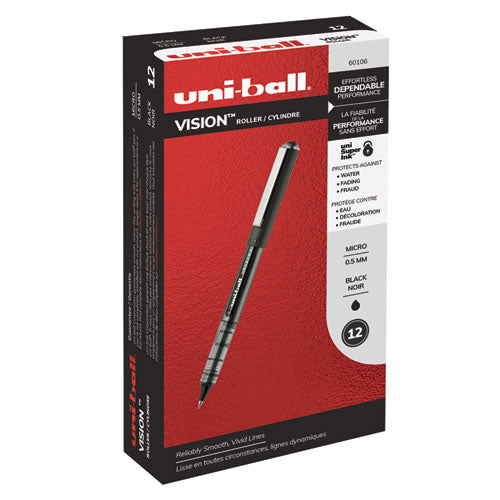 Vision Stick Roller Ball Pen, Micro 0.5mm, Black Ink, Black-gray Barrel, Dozen
