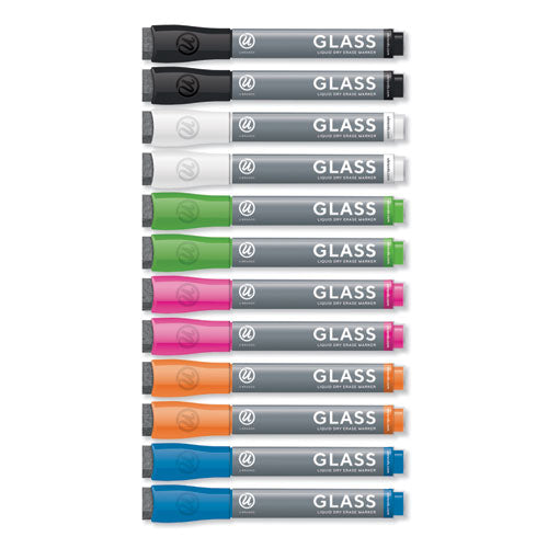 Bullet Tip Low-odor Liquid Glass Markers With Erasers, Assorted Colors, 12-pack