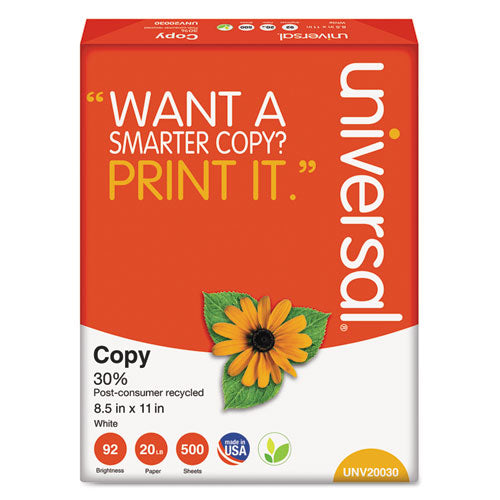 30% Recycled Copy Paper, 92 Bright, 20 Lb, 8.5 X 11, White, 500 Sheets-ream, 10 Reams-carton