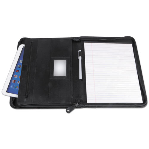 Leather Textured Zippered Padfolio With Tablet Pocket, 10 3-4 X 13 1-8, Black