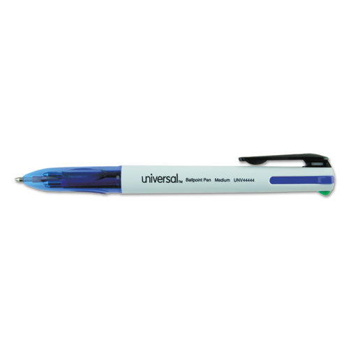 Retractable Ballpoint Pen, Black-blue-green-red Ink, White-trans Blue Barrel, 3-pack